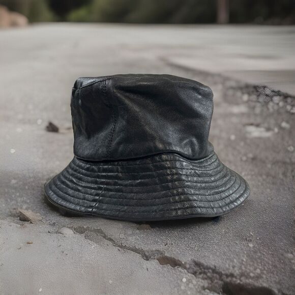 VINTAGE BLACK LEATHER BUCKET HAT HIP HOP SWAG MOD Y2K BIKER PUNK GOTH EMO S/M - Picture 1 of 6